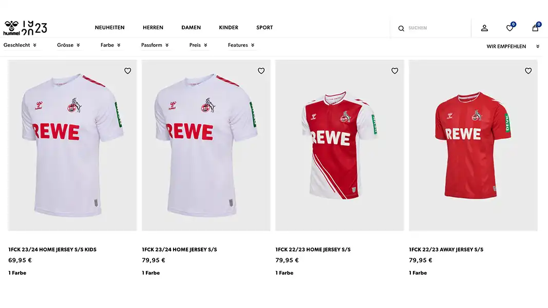 Links: das neue Heimtrikot des 1. FC Köln für 2023/24. (Foto: Screenshot hummelsport.de)