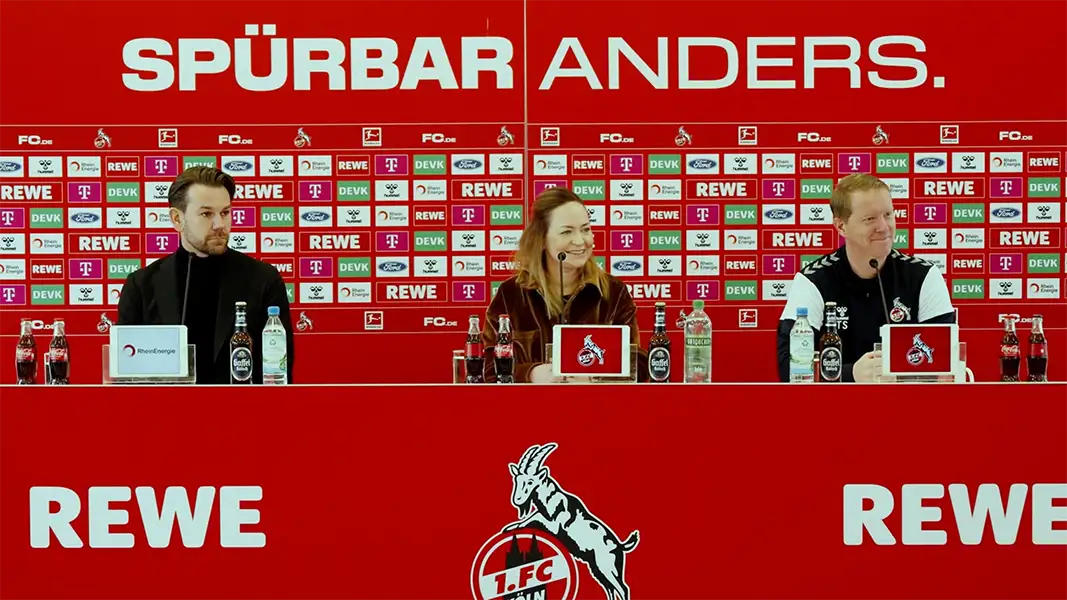 Thomas Kessler, Pressesprecherin Lil Zercher und Timo Schultz auf der Pressekonferenz vor dem Spiel gegen Borussia Dortmund. (Foto: 1. FC Köln)