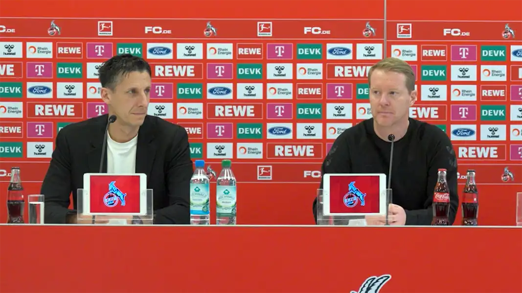 Christian Keller und Timo Schultz bei der Pressekonferenz zur Trainer-Vorstellung. (Foto: 1. FC Köln)