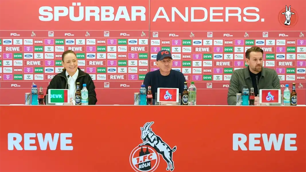 Lil Zercher, Gerhard Struber und Thomas Kessler auf der Pressekonferenz vor Hannover. (Foto: 1. FC Köln)