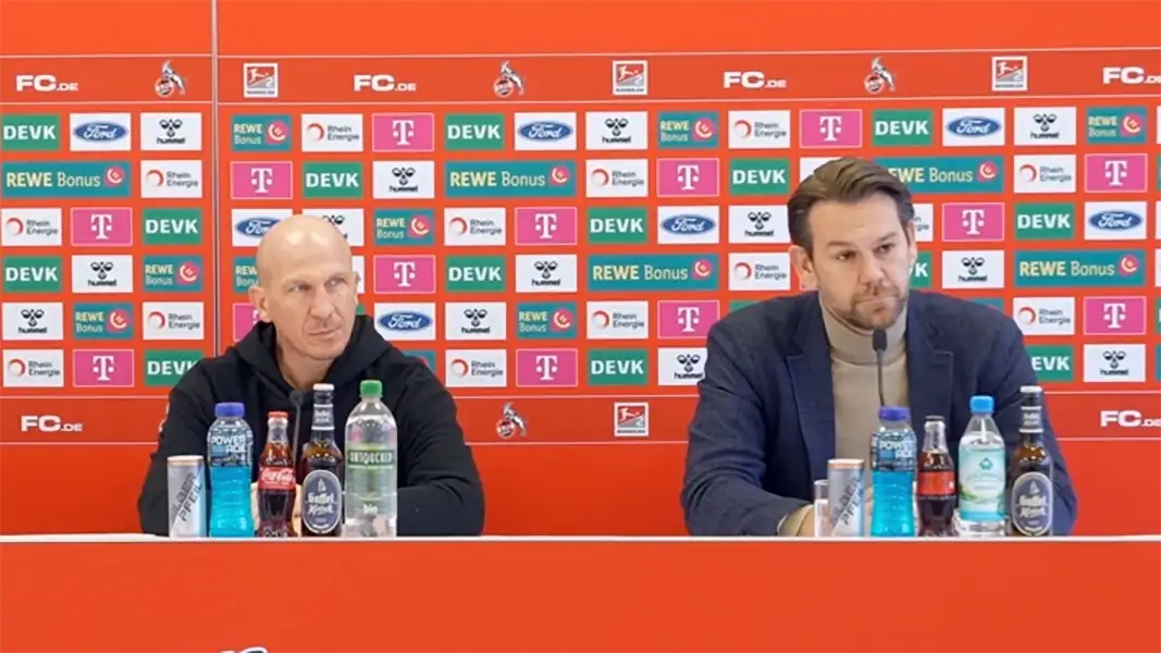 Gerhard Struber und Thomas Kessler auf der Pressekonferenz vor dem Braunschweig-Spiel. (Foto: 1. FC Köln)