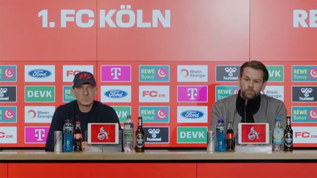 Gerhard Struber und Thomas Kessler auf der Pressekonferenz vor dem Rückrunden-Auftakt gegen den Hamburger SV. (Foto: 1. FC Köln)