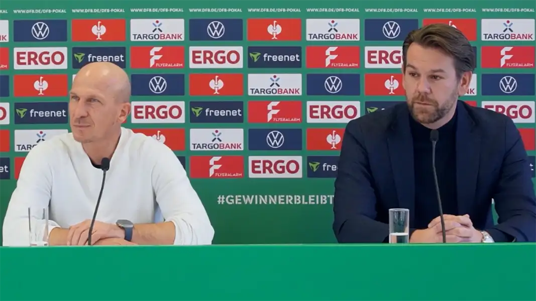 Gerhard Struber und Thomas Kessler auf der Pressekonferenz vor dem Pokal-Spiel. (Foto: 1. FC Köln)