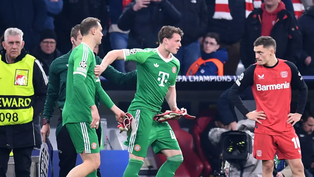 Zwei Ex-Kölner in der Champions League: Jonas Urbig siegte mit dem FC Bayern München gegen Florian Wirtz und Bayer Leverkusen. (Foto: IMAGO / Ulmer/Teamfoto)