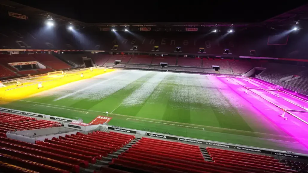 Die Bestrahlung des Rasen in Müngersdorf, hier am 10. Januar 2026. (Foto: Bucco)