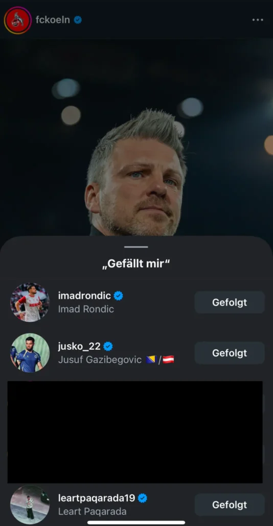 Der offizielle FC-Post zum Kwasniok-Aus – und die "Gefällt mir"-Angaben der (Ex-)FC-Profis. (Foto: instagram.com/fckoeln)