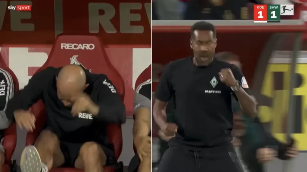 René Wagner trat auf die Trainerbank ein, Daniel Thioune war happy. (Foto: Sky)
